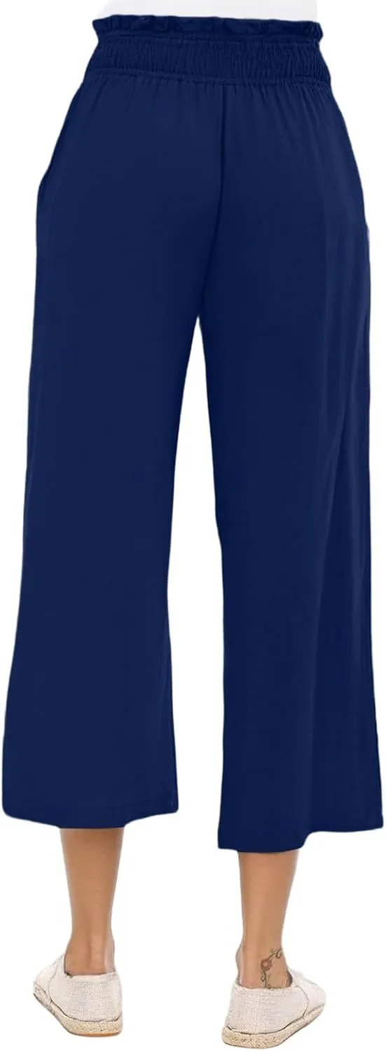 Womens Linen Capri Pants Smocked Elastic Waisted Cropped Palazzo Trousers Casual Flowy Summer Beach Pants with Pockets