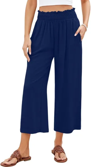 Womens Linen Capri Pants Smocked Elastic Waisted Cropped Palazzo Trousers Casual Flowy Summer Beach Pants with Pockets