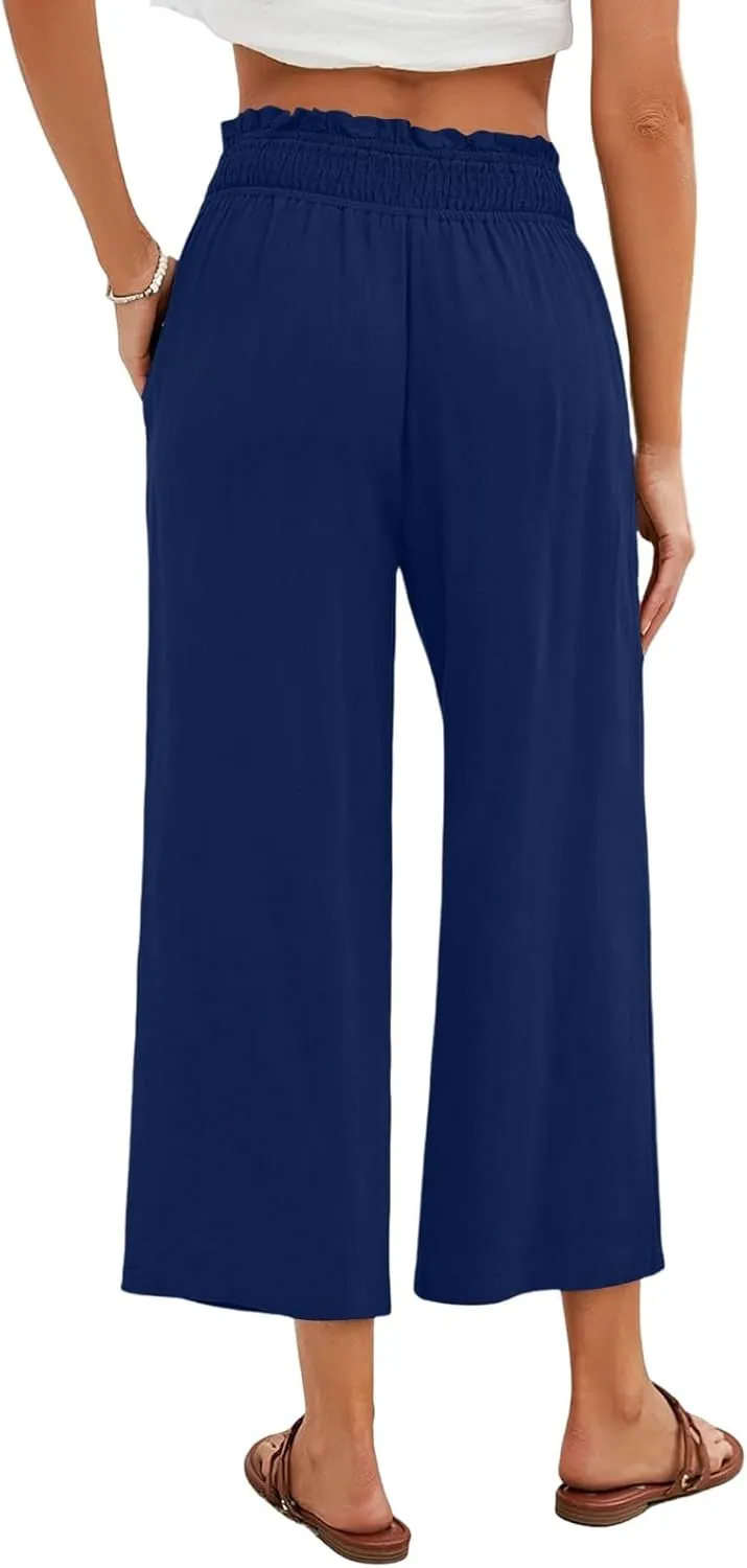 Womens Linen Capri Pants Smocked Elastic Waisted Cropped Palazzo Trousers Casual Flowy Summer Beach Pants with Pockets
