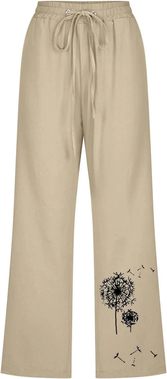Womens Linen Capris Casual Summer Elastic High Waist Dandelion Print Capri Pants Wide Leg Cropped Lounge Trousers