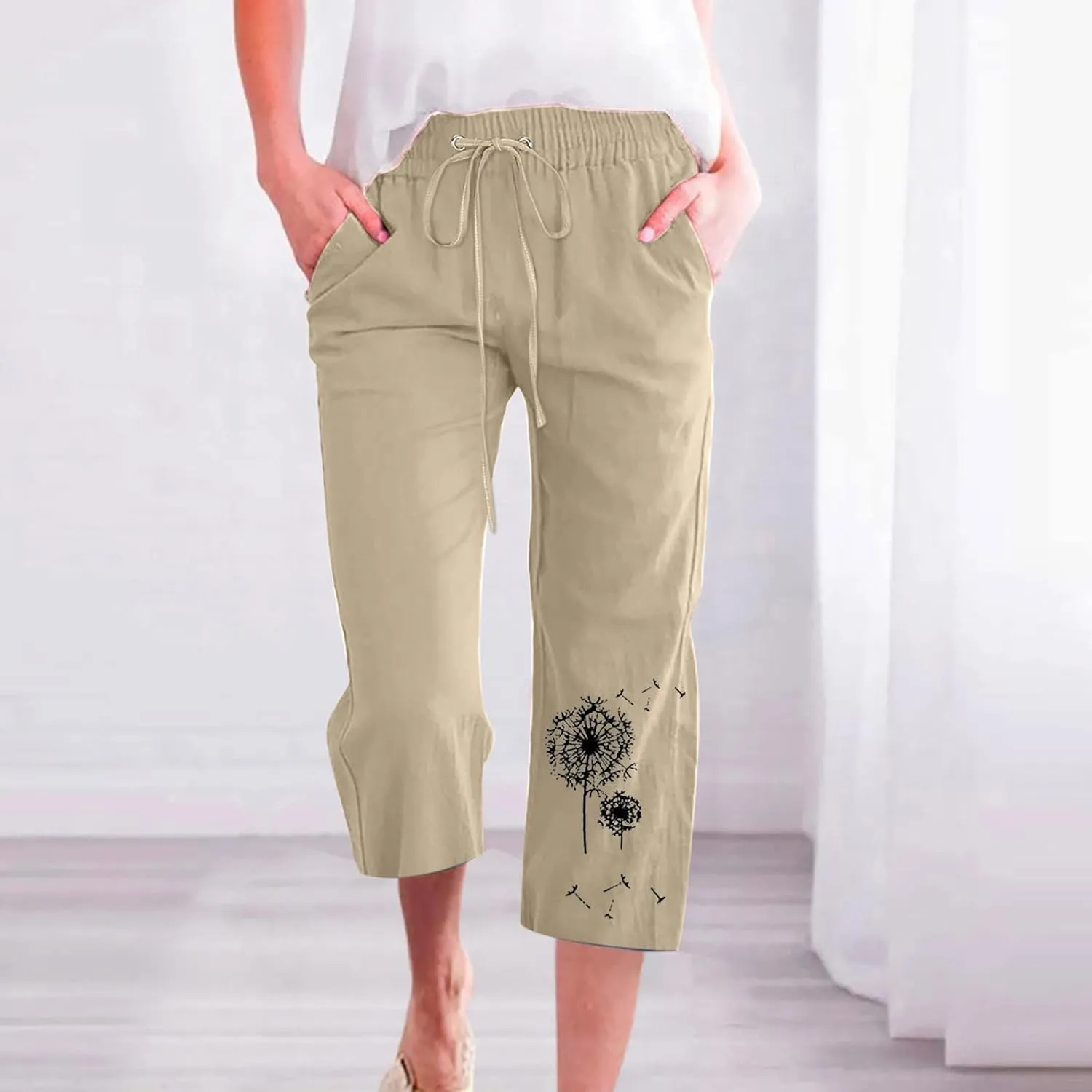 Womens Linen Capris Casual Summer Elastic High Waist Dandelion Print Capri Pants Wide Leg Cropped Lounge Trousers