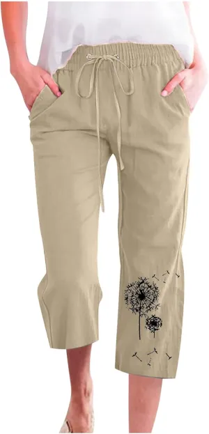 Womens Linen Capris Casual Summer Elastic High Waist Dandelion Print Capri Pants Wide Leg Cropped Lounge Trousers