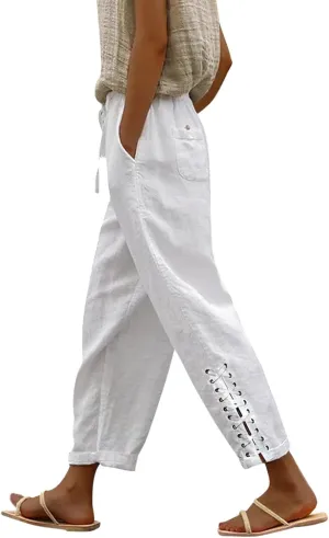 Womens Linen Lace Up Pants Casual Baggy Pockets Drawstring High Waist Wide Leg Trousers Summer Beach Lounge Bottoms White