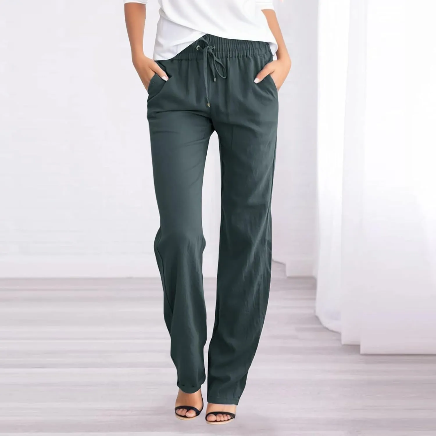 Women's Linen Palazzo Pants Summer Casual Dressy Linen Straight Trousers for Women Comfy Soild Long Pants with Pockets