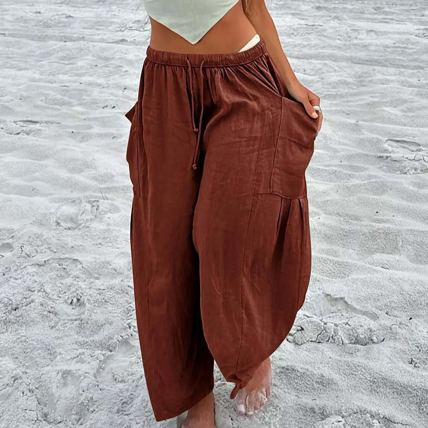 Women's Linen Palazzo Pants Women Smocked Elastic Waist High Waist Loose Comfy Casual Pants with Pockets 2025 Beach