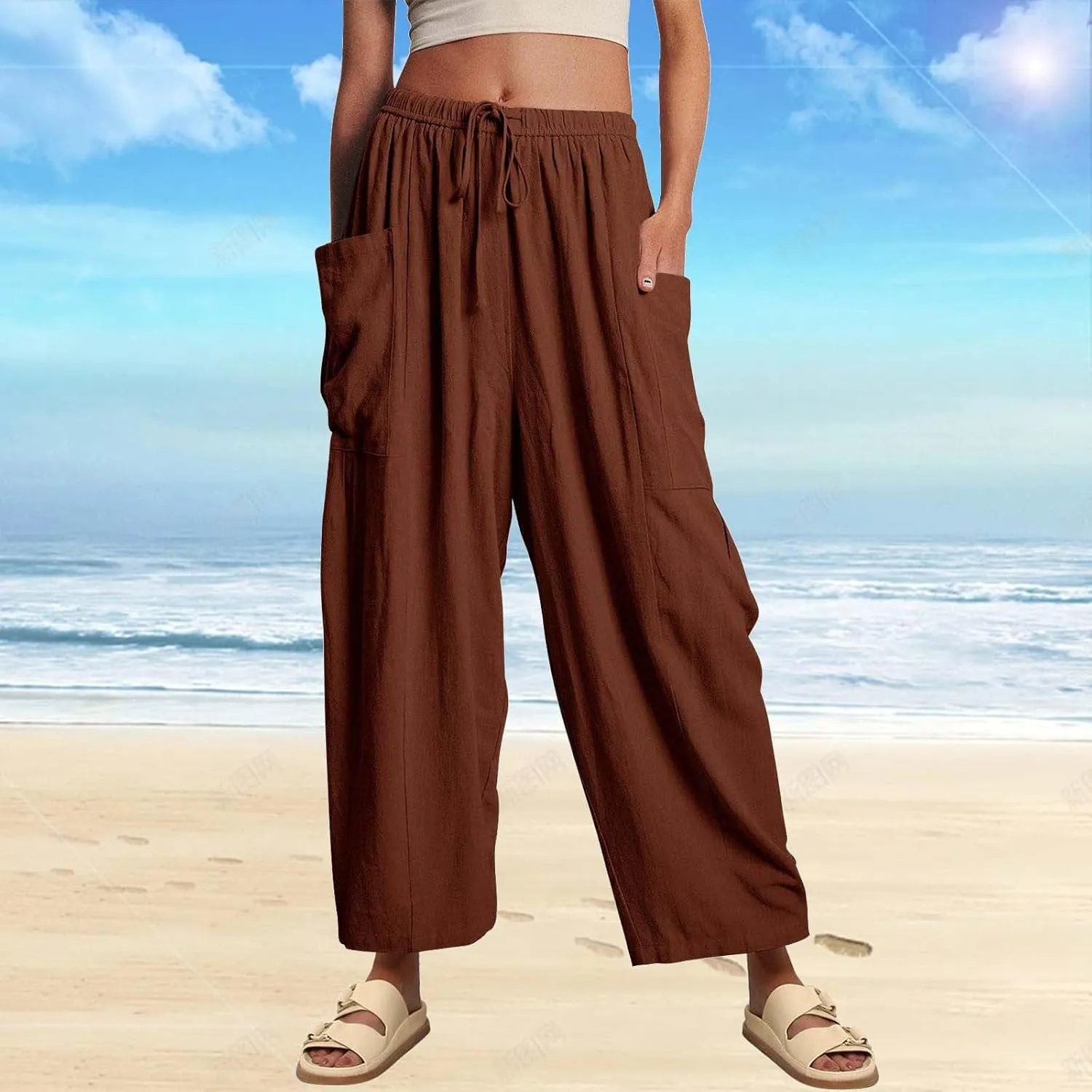 Women's Linen Palazzo Pants Women Smocked Elastic Waist High Waist Loose Comfy Casual Pants with Pockets 2025 Beach