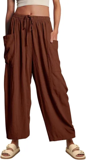 Women's Linen Palazzo Pants Women Smocked Elastic Waist High Waist Loose Comfy Casual Pants with Pockets 2025 Beach