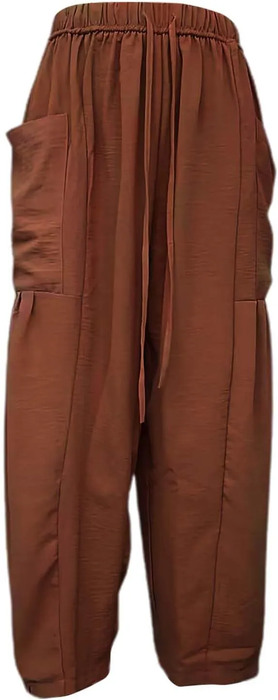 Women's Linen Palazzo Pants Women Smocked Elastic Waist High Waist Loose Comfy Casual Pants with Pockets 2025 Beach