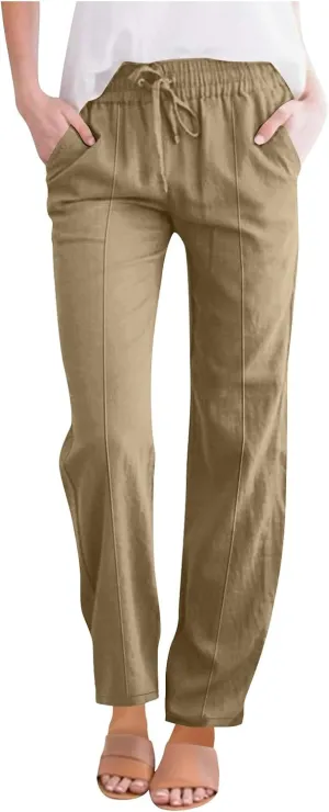 Womens Linen Pants 2025 Summer High Waisted Pants Drawstring Lounge Trousers Beach Straight Wide Leg Palazzo Joggers