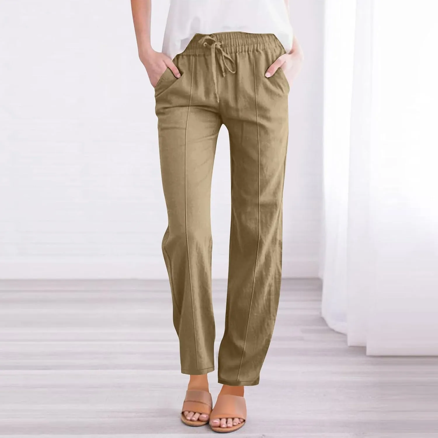 Womens Linen Pants 2025 Summer High Waisted Pants Drawstring Lounge Trousers Beach Straight Wide Leg Palazzo Joggers