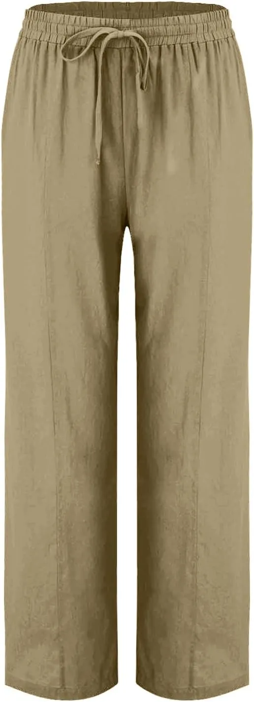 Womens Linen Pants 2025 Summer High Waisted Pants Drawstring Lounge Trousers Beach Straight Wide Leg Palazzo Joggers