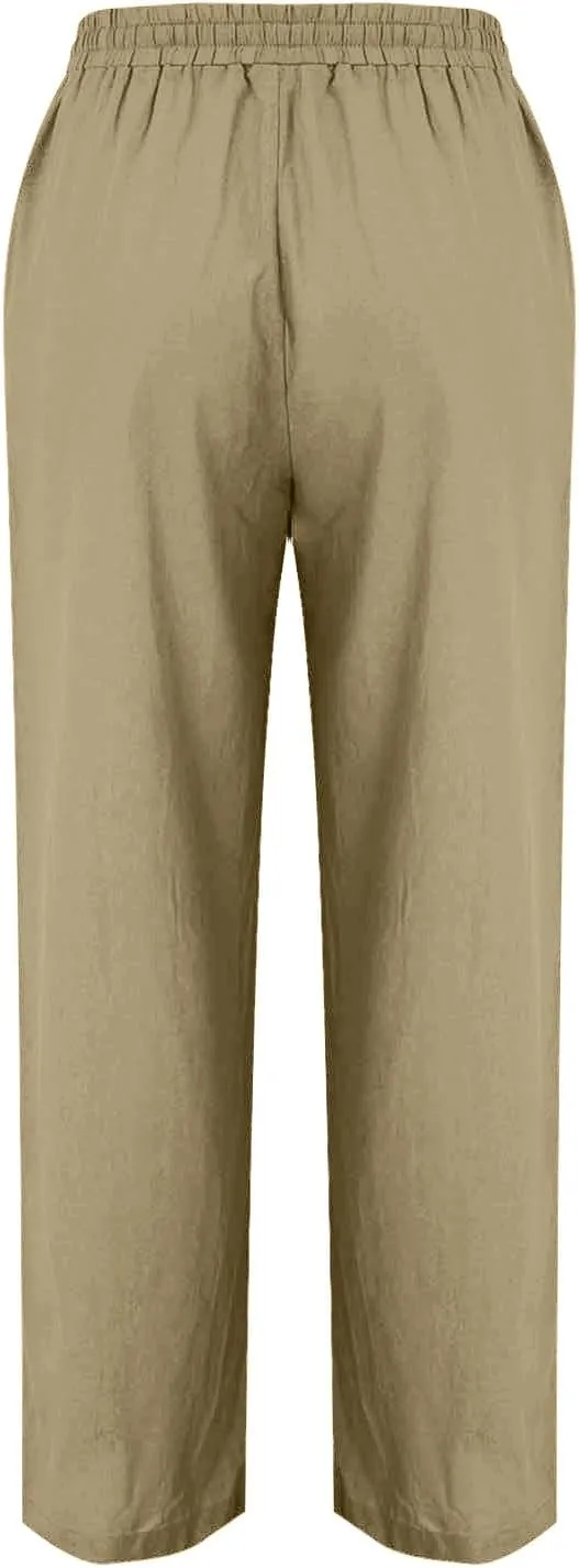 Womens Linen Pants 2025 Summer High Waisted Pants Drawstring Lounge Trousers Beach Straight Wide Leg Palazzo Joggers