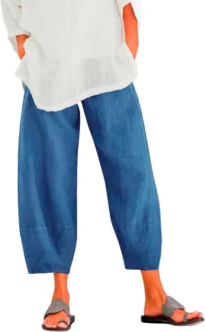 Womens Linen Pants Casual Elastic High Waist Summer Pants Comfy Relax Fit Palazzo Pants Linen Capris Yoga Sweatpants Trousers