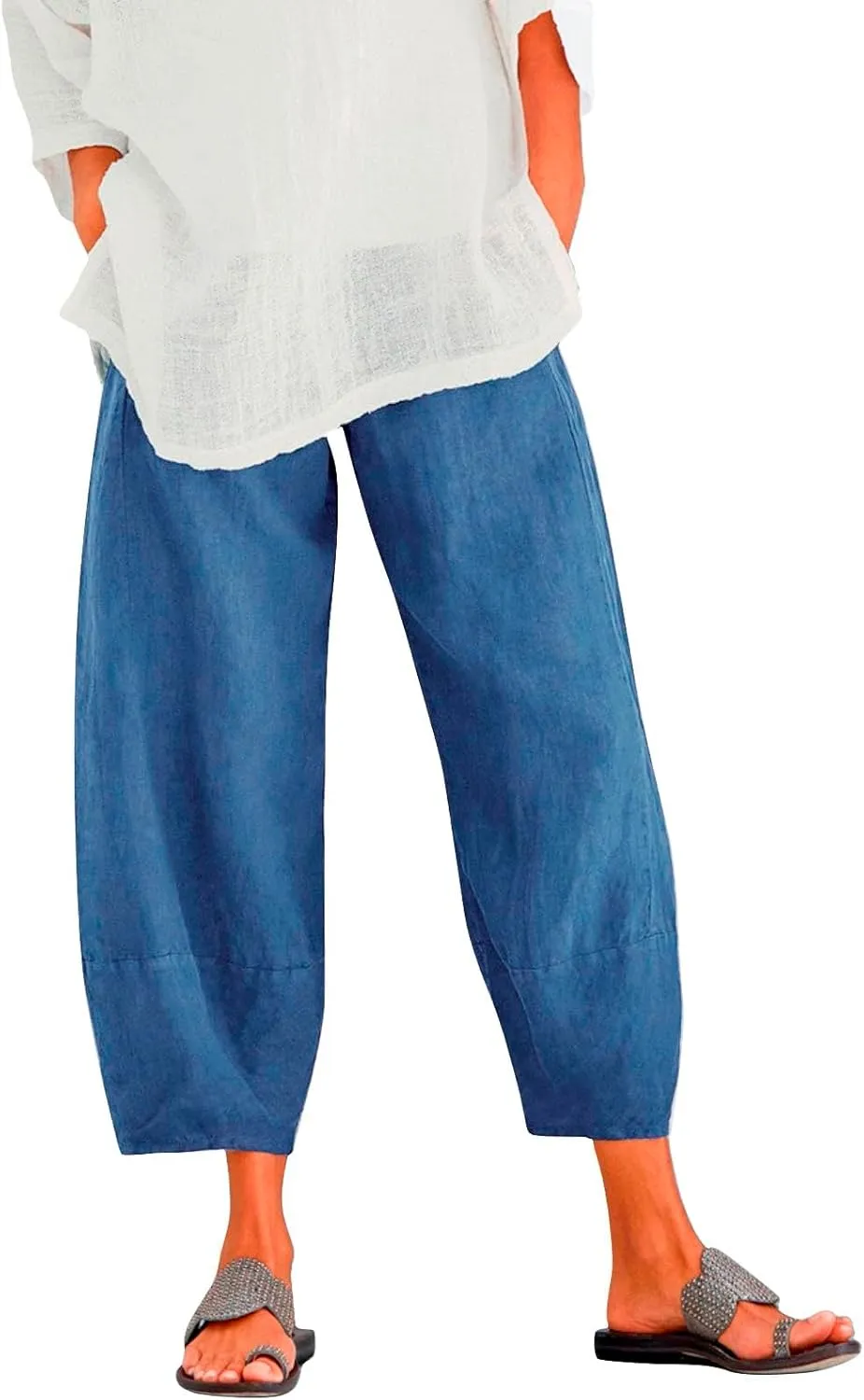 Womens Linen Pants Casual Elastic High Waist Summer Pants Comfy Relax Fit Palazzo Pants Linen Capris Yoga Sweatpants Trousers