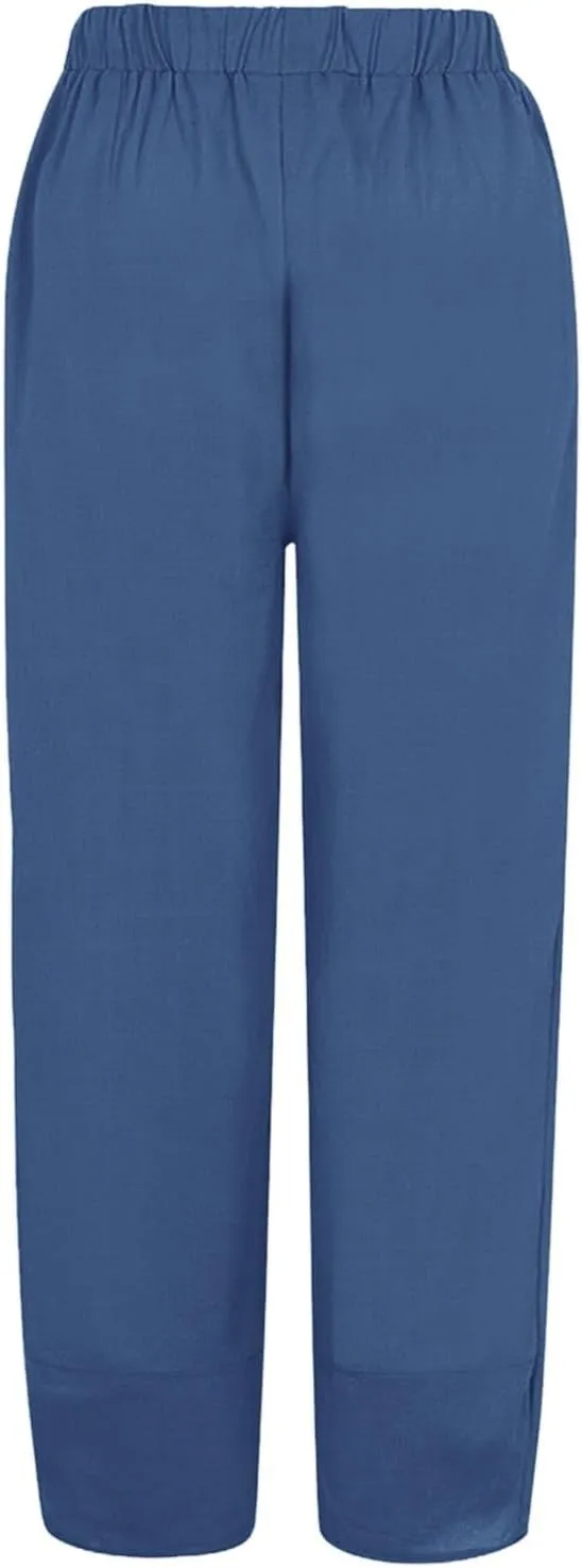 Womens Linen Pants Casual Elastic High Waist Summer Pants Comfy Relax Fit Palazzo Pants Linen Capris Yoga Sweatpants Trousers