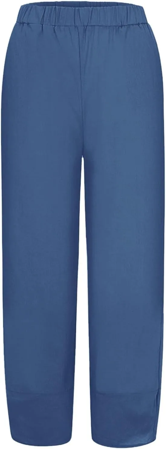 Womens Linen Pants Casual Elastic High Waist Summer Pants Comfy Relax Fit Palazzo Pants Linen Capris Yoga Sweatpants Trousers