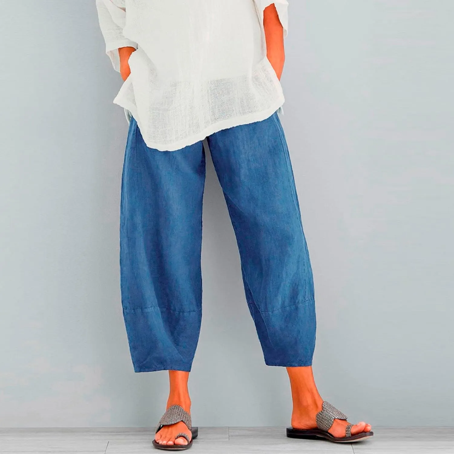 Womens Linen Pants Casual Elastic High Waist Summer Pants Comfy Relax Fit Palazzo Pants Linen Capris Yoga Sweatpants Trousers