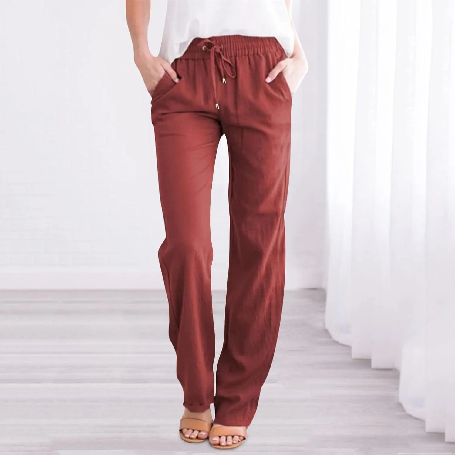Women's Linen Pants Casual High Waist Pants Drawstring Loose Fit Summer Pants Solid Lounge Long Trousers with Side Pockets