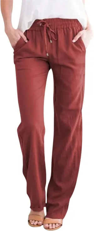Women's Linen Pants Casual High Waist Pants Drawstring Loose Fit Summer Pants Solid Lounge Long Trousers with Side Pockets