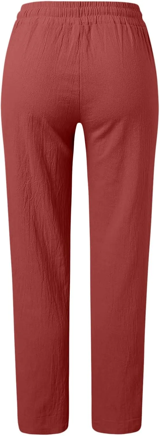 Women's Linen Pants Casual High Waist Pants Drawstring Loose Fit Summer Pants Solid Lounge Long Trousers with Side Pockets