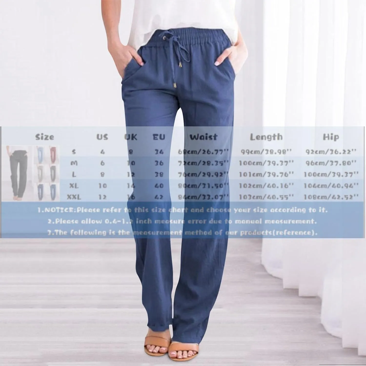 Women's Linen Pants Casual High Waist Pants Drawstring Loose Fit Summer Pants Solid Lounge Long Trousers with Side Pockets