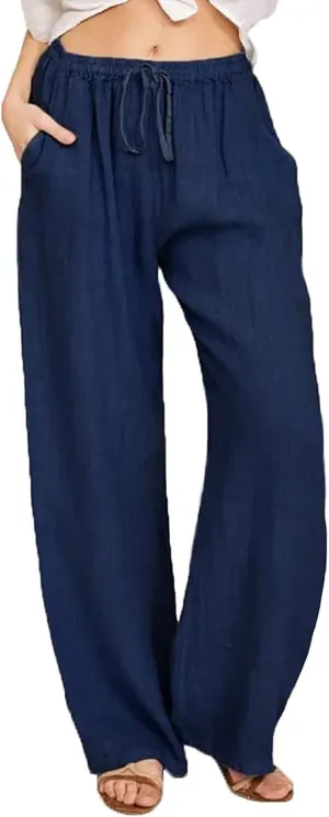 Womens Linen Pants Drawstring High Waist Casual Loose Fit Beach Pants Trendy Boho Straight Leg Trousers with Pockets