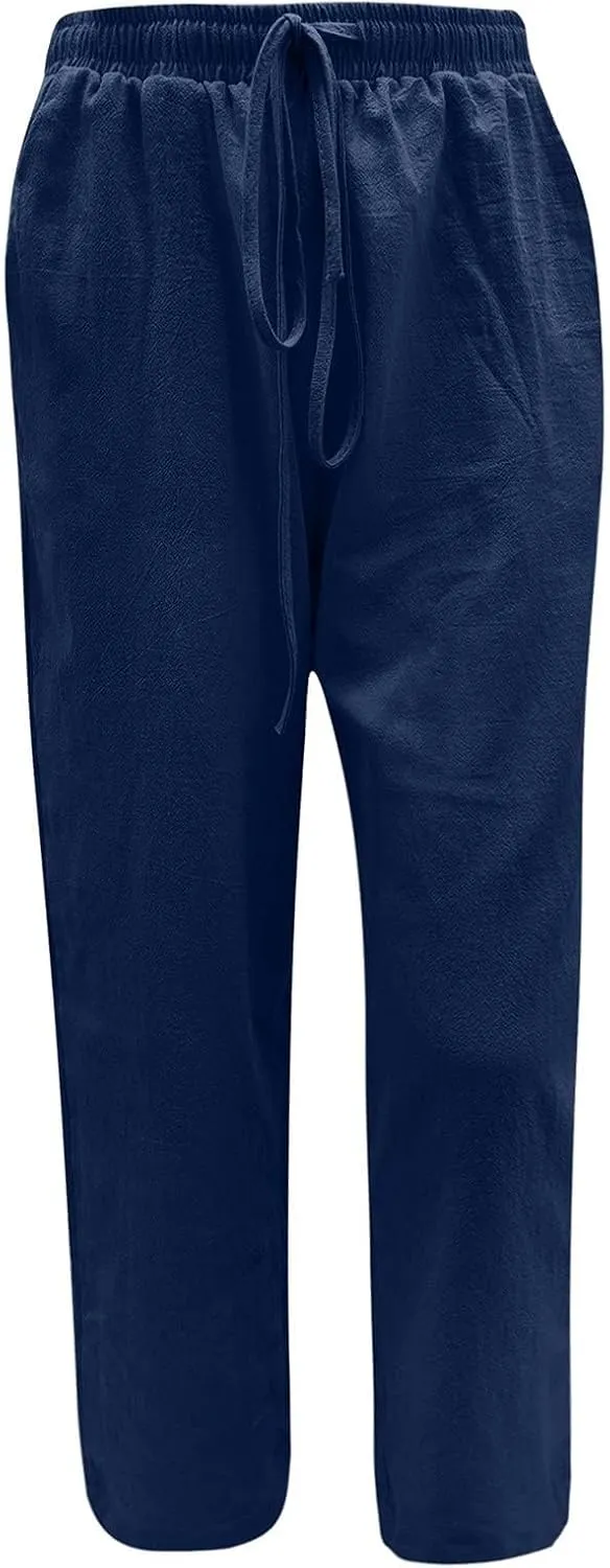 Womens Linen Pants Drawstring High Waist Casual Loose Fit Beach Pants Trendy Boho Straight Leg Trousers with Pockets