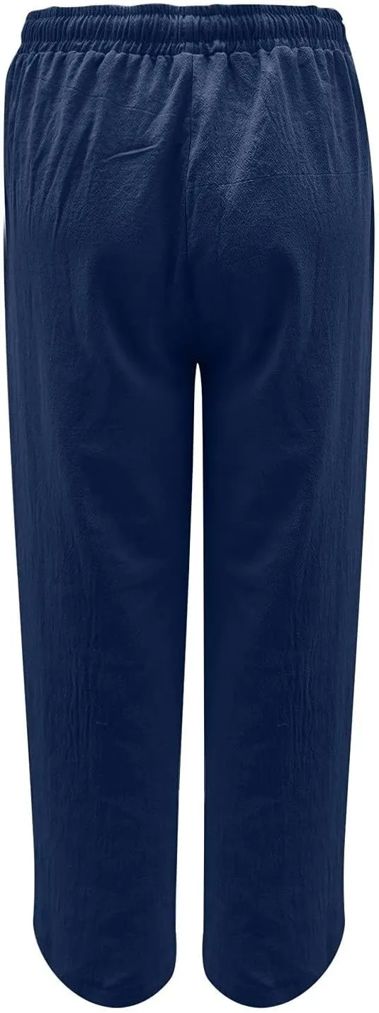 Womens Linen Pants Drawstring High Waist Casual Loose Fit Beach Pants Trendy Boho Straight Leg Trousers with Pockets