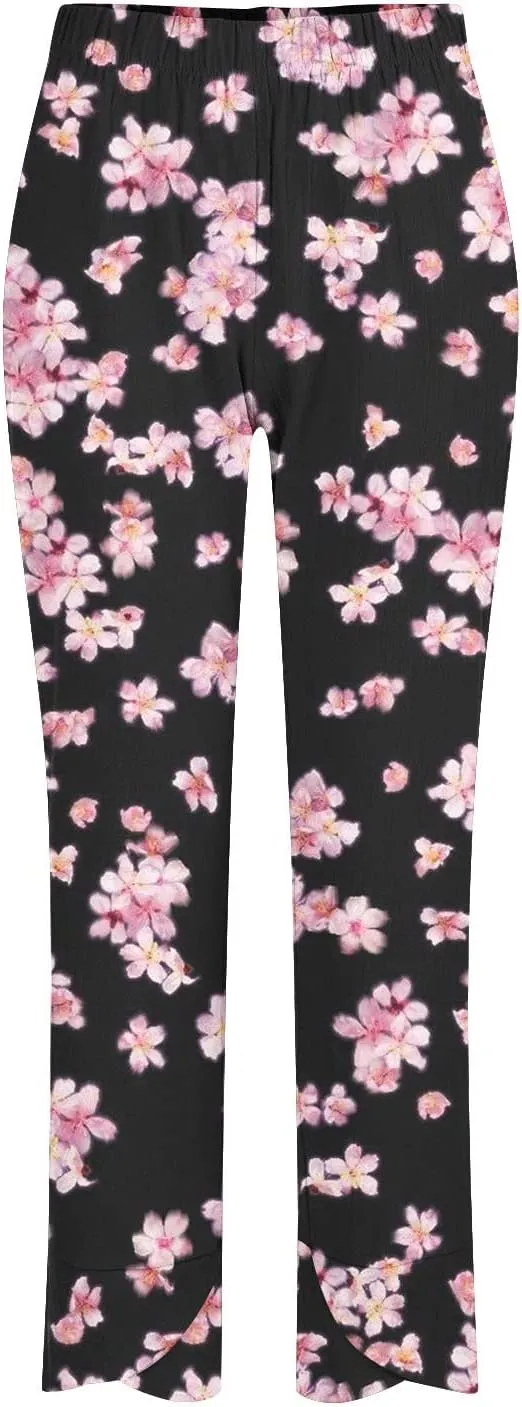 Womens Linen Pants Floral Elastic Waist Tulip Hem Harem Lounge Pants Summer Casual High Waist Wide Leg Trousers