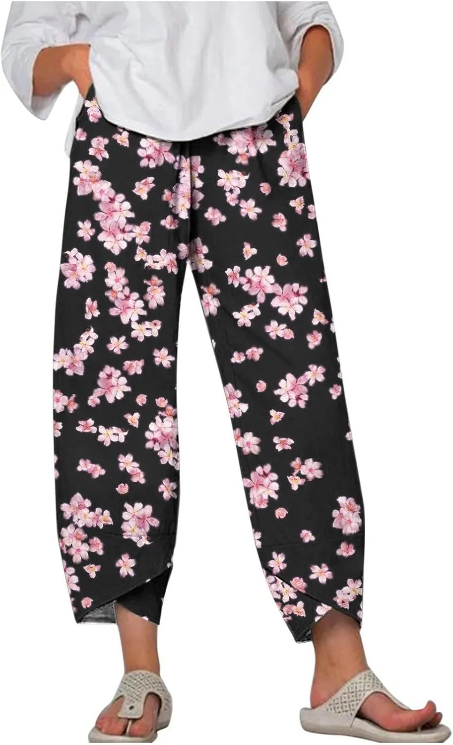 Womens Linen Pants Floral Elastic Waist Tulip Hem Harem Lounge Pants Summer Casual High Waist Wide Leg Trousers