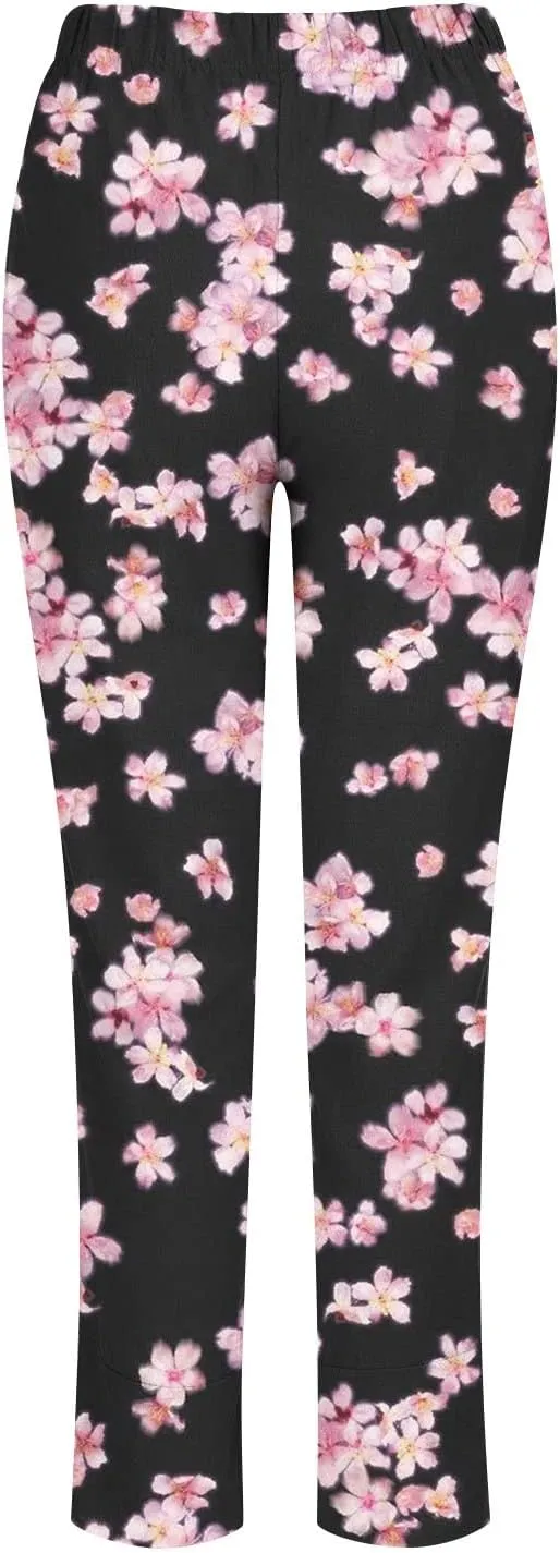 Womens Linen Pants Floral Elastic Waist Tulip Hem Harem Lounge Pants Summer Casual High Waist Wide Leg Trousers