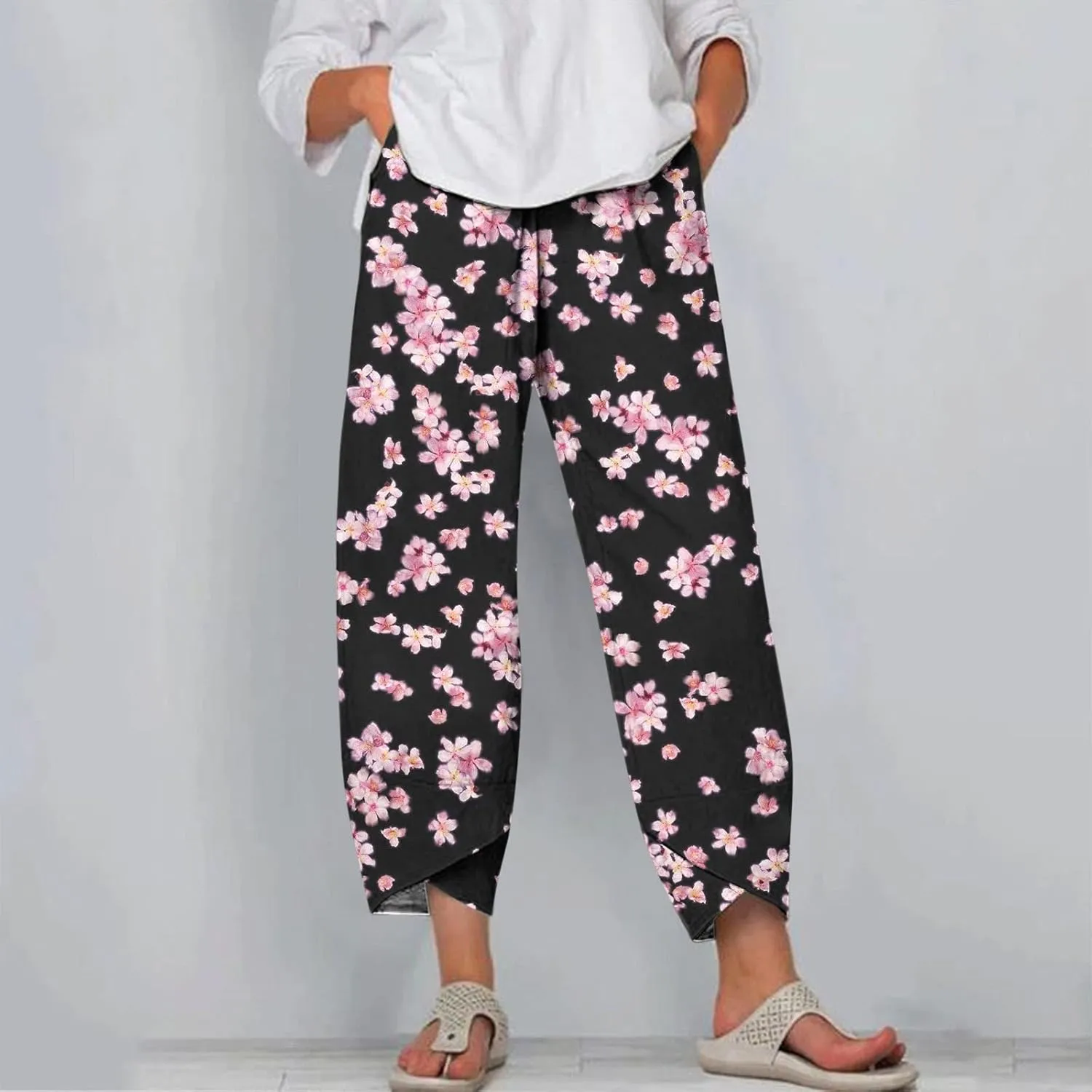 Womens Linen Pants Floral Elastic Waist Tulip Hem Harem Lounge Pants Summer Casual High Waist Wide Leg Trousers