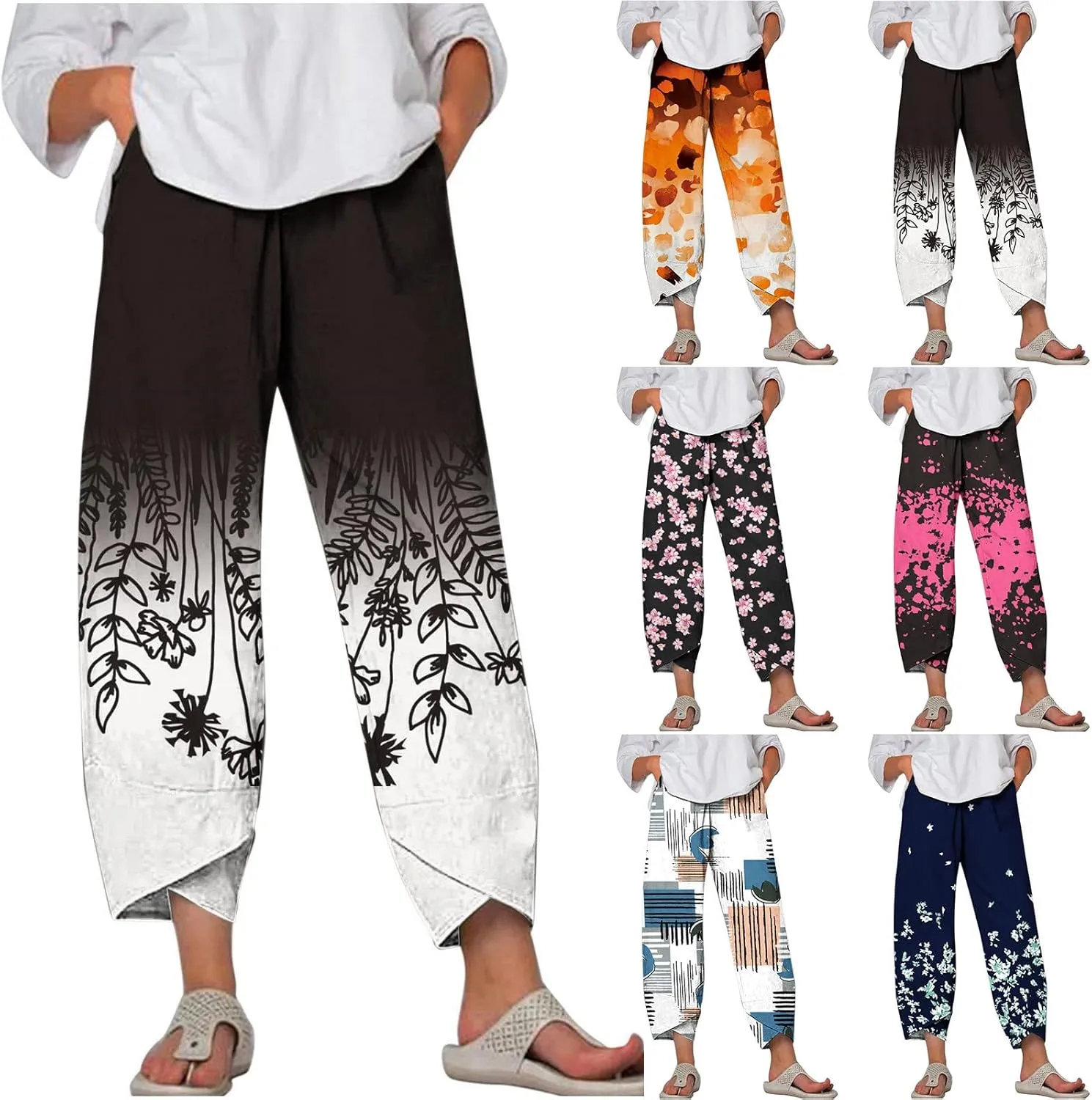 Womens Linen Pants Floral Elastic Waist Tulip Hem Harem Lounge Pants Summer Casual High Waist Wide Leg Trousers