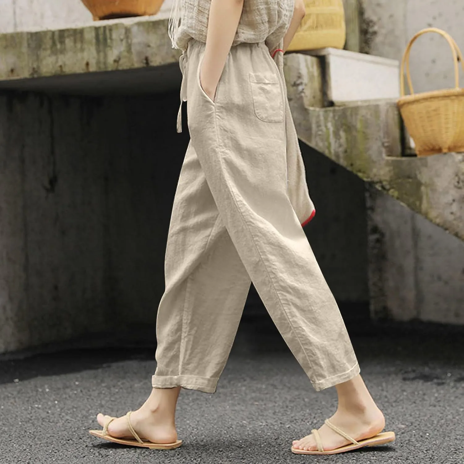 Womens Linen Pants Summer Casual Drawstring Pants Beach Boho Slacks Plus Size Lightweight Comfy Workout Crop Trousers