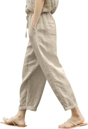 Womens Linen Pants Summer Casual Drawstring Pants Beach Boho Slacks Plus Size Lightweight Comfy Workout Crop Trousers