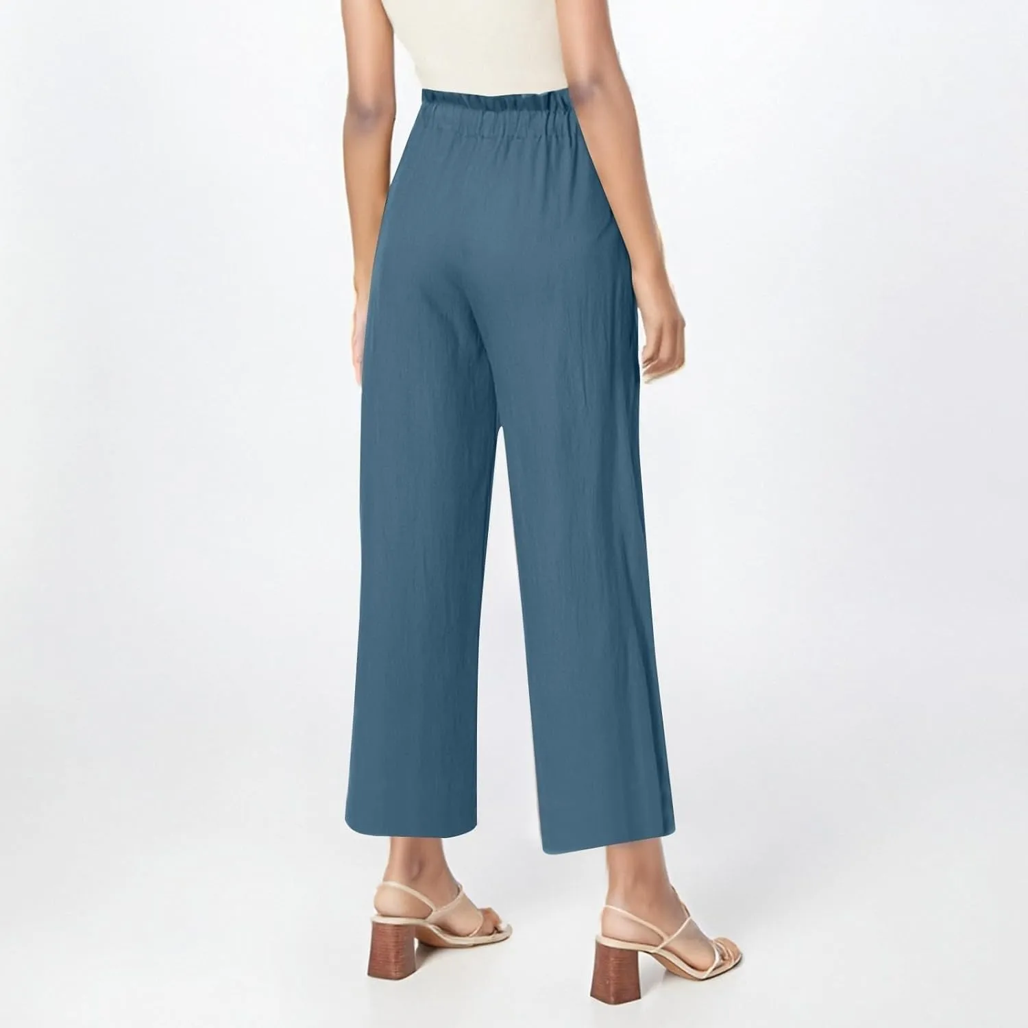 Womens Linen Pants Summer Casual High Waist Wide Leg Palazzo Pant Drawstring Lightweight Loose Beach Cropped Trousers