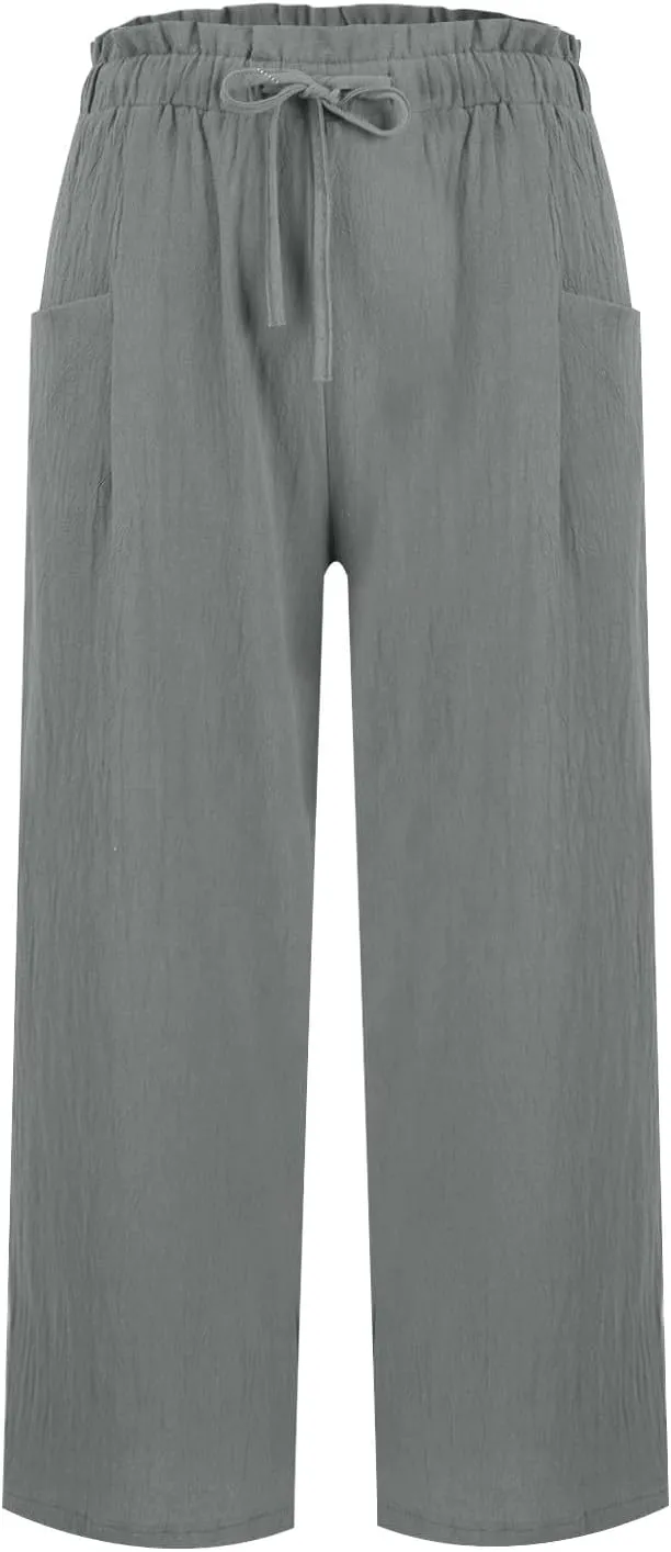 Womens Linen Pants Summer Casual High Waist Wide Leg Palazzo Pant Drawstring Lightweight Loose Beach Cropped Trousers