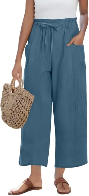 Womens Linen Pants Summer Casual High Waist Wide Leg Palazzo Pant Drawstring Lightweight Loose Beach Cropped Trousers
