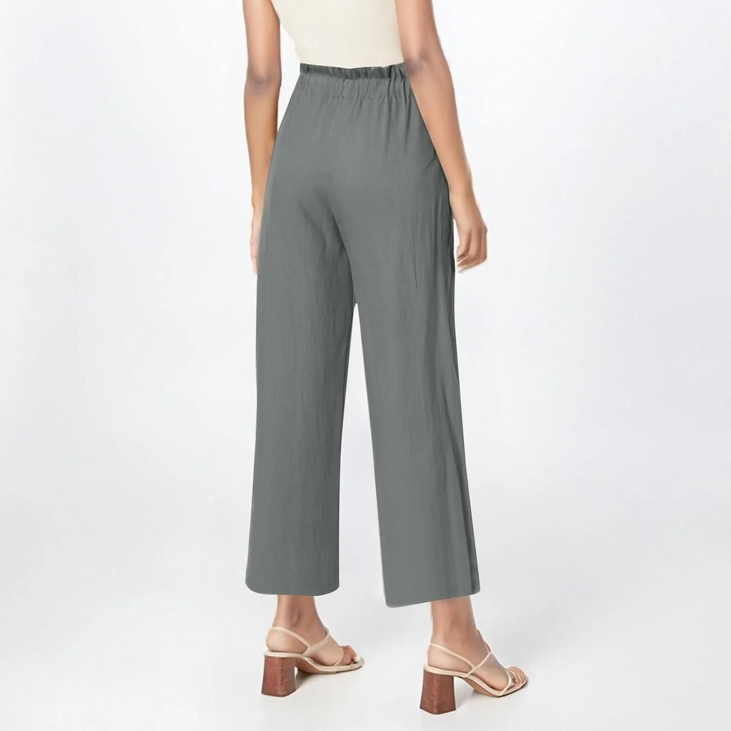 Womens Linen Pants Summer Casual High Waist Wide Leg Palazzo Pant Drawstring Lightweight Loose Beach Cropped Trousers