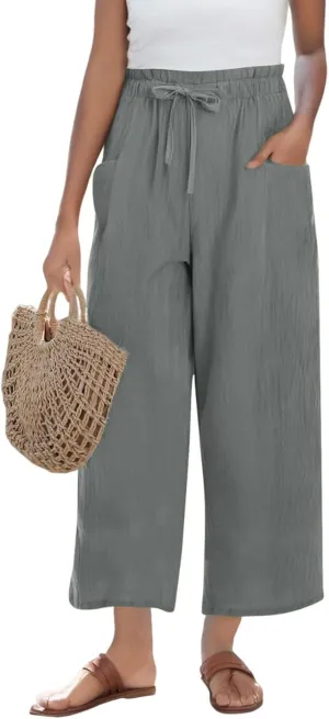 Womens Linen Pants Summer Casual High Waist Wide Leg Palazzo Pant Drawstring Lightweight Loose Beach Cropped Trousers