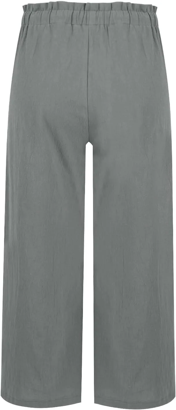 Womens Linen Pants Summer Casual High Waist Wide Leg Palazzo Pant Drawstring Lightweight Loose Beach Cropped Trousers