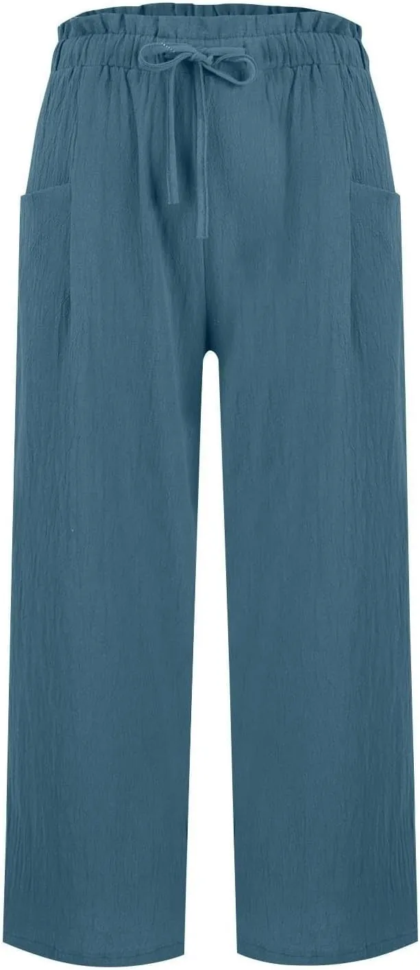 Womens Linen Pants Summer Casual High Waist Wide Leg Palazzo Pant Drawstring Lightweight Loose Beach Cropped Trousers