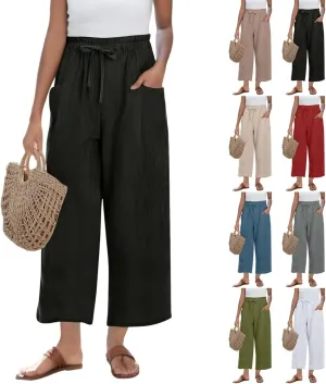 Womens Linen Pants Summer Casual High Waist Wide Leg Palazzo Pant Drawstring Lightweight Loose Beach Cropped Trousers