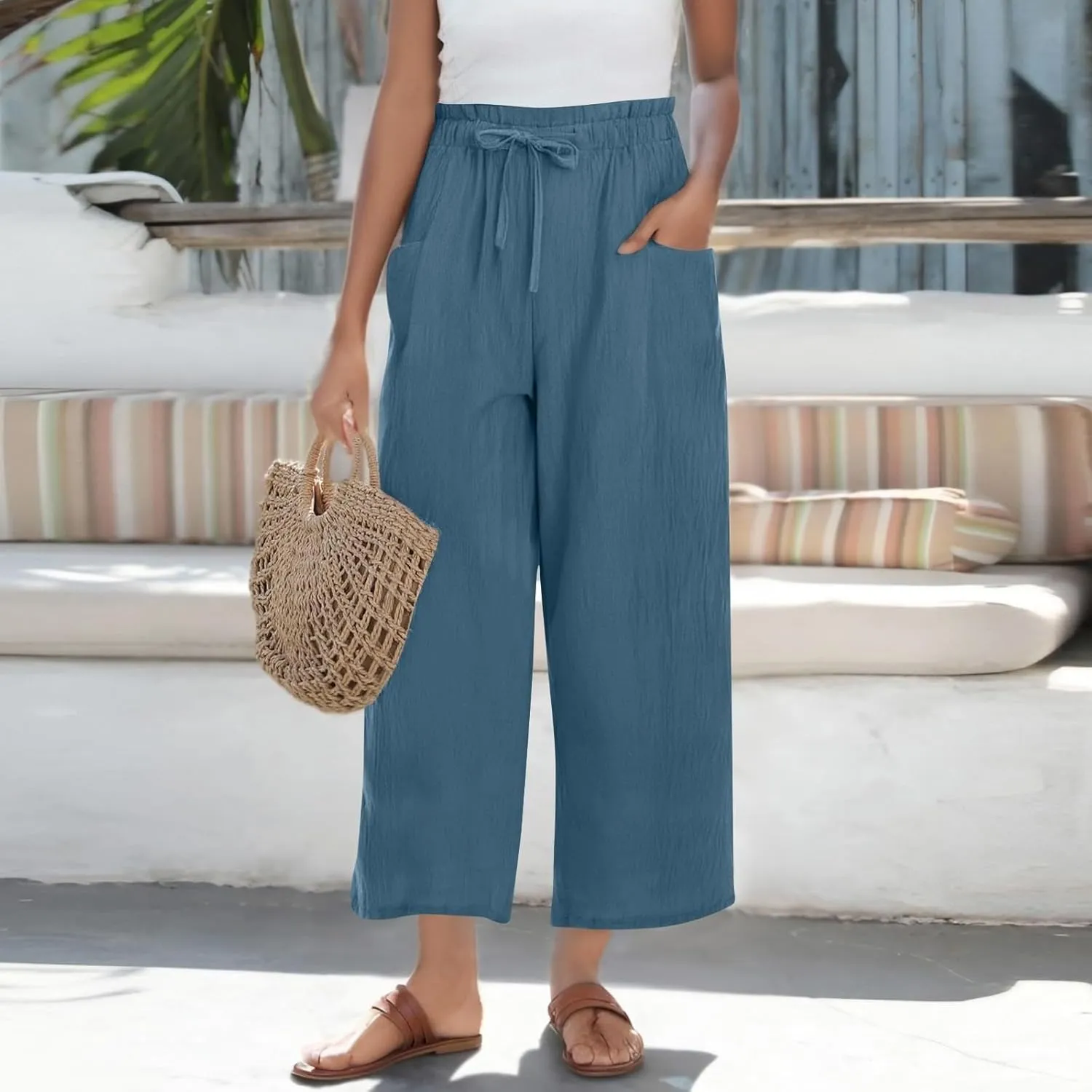 Womens Linen Pants Summer Casual High Waist Wide Leg Palazzo Pant Drawstring Lightweight Loose Beach Cropped Trousers