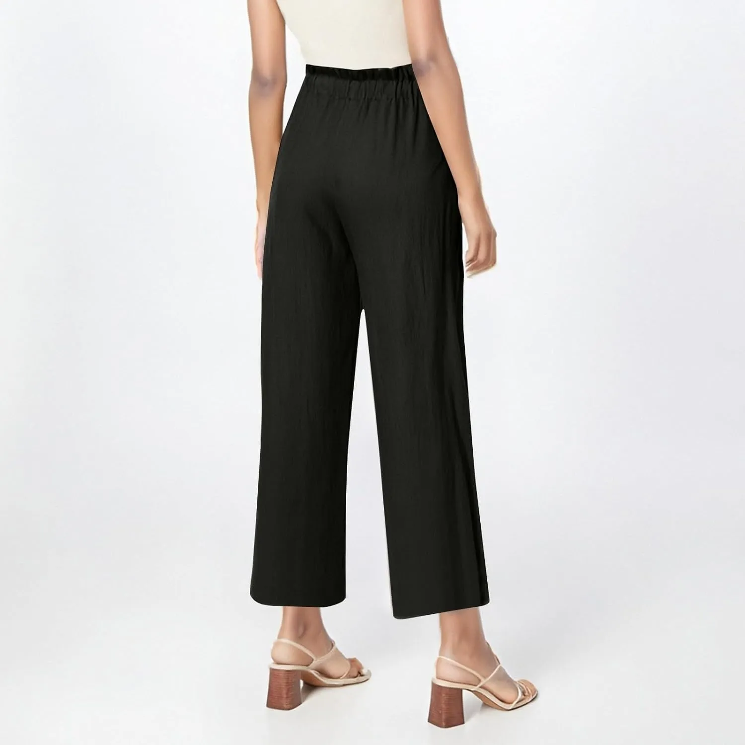 Womens Linen Pants Summer Casual High Waist Wide Leg Palazzo Pant Drawstring Lightweight Loose Beach Cropped Trousers