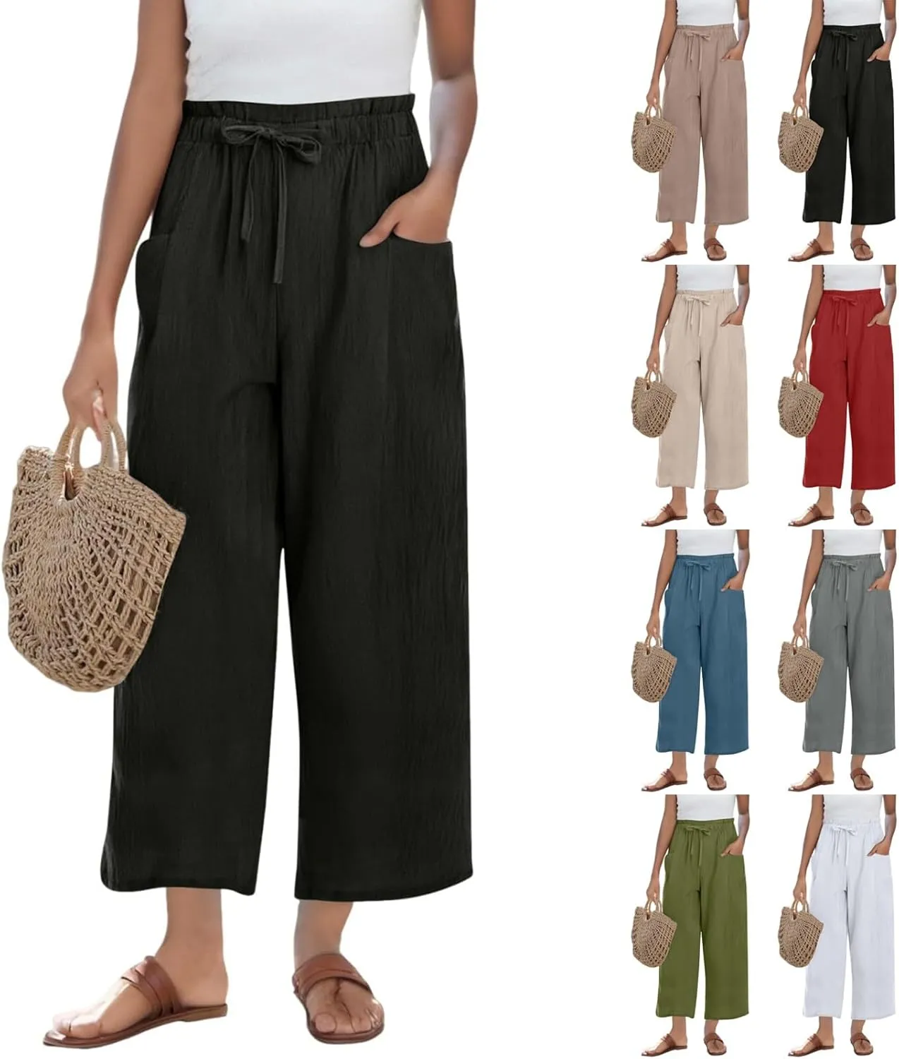 Womens Linen Pants Summer Casual High Waist Wide Leg Palazzo Pant Drawstring Lightweight Loose Beach Cropped Trousers