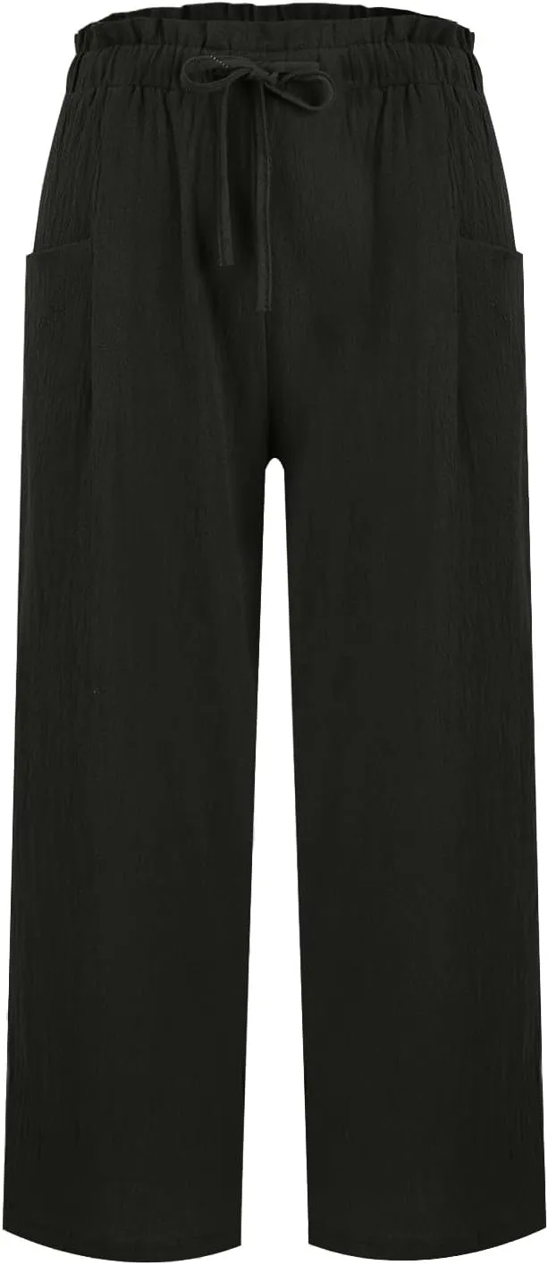 Womens Linen Pants Summer Casual High Waist Wide Leg Palazzo Pant Drawstring Lightweight Loose Beach Cropped Trousers