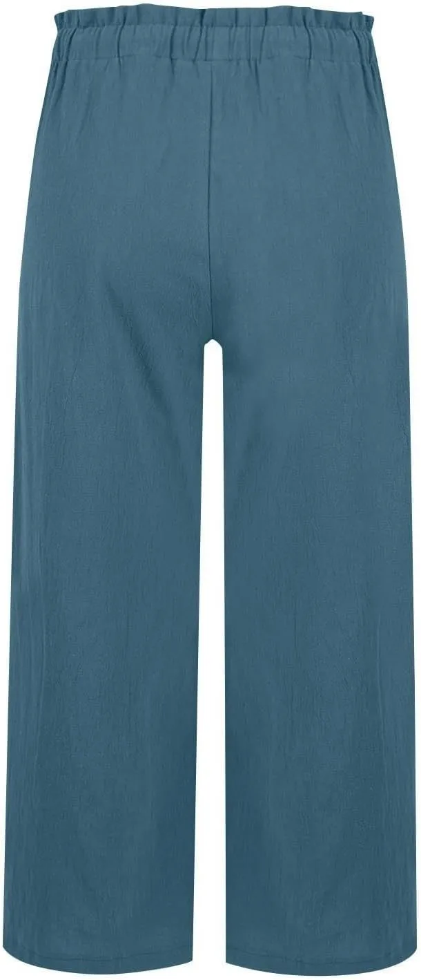 Womens Linen Pants Summer Casual High Waist Wide Leg Palazzo Pant Drawstring Lightweight Loose Beach Cropped Trousers