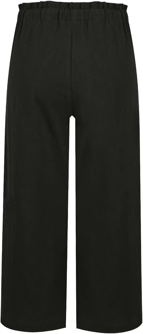 Womens Linen Pants Summer Casual High Waist Wide Leg Palazzo Pant Drawstring Lightweight Loose Beach Cropped Trousers