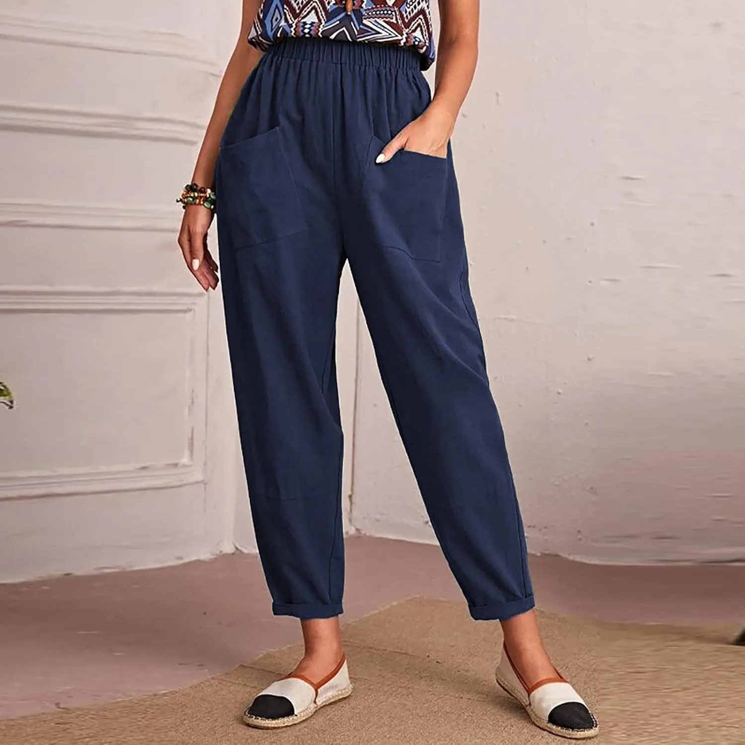 Womens Linen Pants Summer Casual Loose Elastic Waist Straight Wide Leg Pants Lightweight Tall Linen Pants Trousers